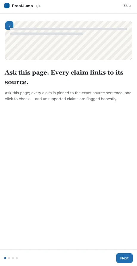 ProofJump side panel in Chrome answering a question about the current page with each claim citing a source sentence