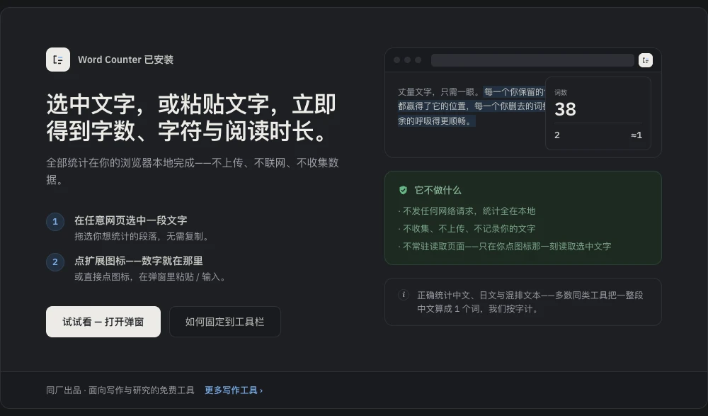 Word Counter 欢迎页:选中或粘贴文字,立即得到词数、字符数和阅读时长