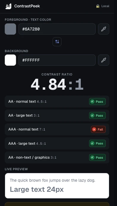 Contrast Checker popup showing a contrast ratio with WCAG AA and AAA pass/fail verdicts