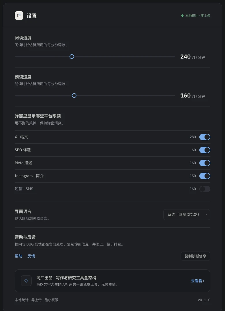 Word Counter 选项页,在这里选择弹窗显示哪些平台上限行