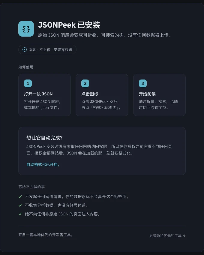 Chrome 里的 JSONPeek 引导页:本地处理、不上传、安装零权限,并给出格式化 JSON 页面的三个步骤