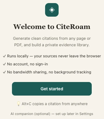 CiteRoam side panel in Chrome building an APA citation from the current page