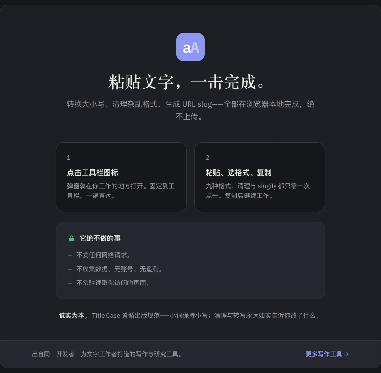 Case Converter 引导页:粘贴文本,一键完成——附一份这个扩展绝不会做的事清单