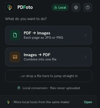 PDF to Image popup in Chrome offering two directions — PDF to Images, and Images to PDF to combine files into one — with a note that files are never uploaded