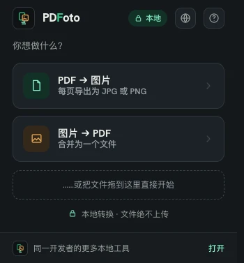Chrome 里的 PDF to Image 弹窗,提供两个方向——PDF 转图片和图片转 PDF——并注明文件绝不上传