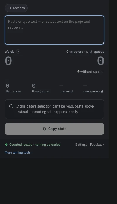 Word Counter popup showing word, character, sentence and reading-time counts
