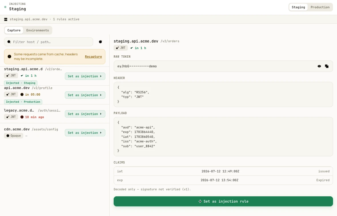 AuthRoam DevTools panel in Chrome decoding a captured JWT: header, payload and a claims table showing issued and expiry dates