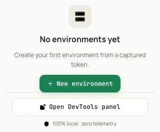 AuthRoam popup in Chrome on first run, ready to create an environment from a token captured in DevTools