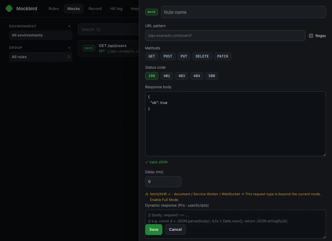 NetworkRules rule editor in Chrome: URL pattern with Regex option and HTTP method selection for scoping a rule