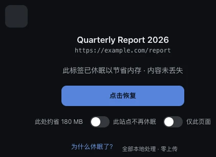 Chrome 里休眠标签页的占位页:标签留在标签栏上并保留标题,在被点击前几乎不占内存