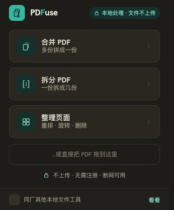 Chrome 里的 PDF Merge 弹窗:整理页面操作——重排、旋转、删除——列在合并 PDF 和拆分 PDF 旁边,徽标写着仅本地、文件绝不上传