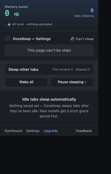 DozeKeep popup in Chrome with one-click actions to sleep the current tab, sleep the rest of the window, wake all tabs, and keep the current site awake