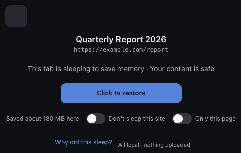 A sleeping tab placeholder page in Chrome showing the tab was suspended to save memory