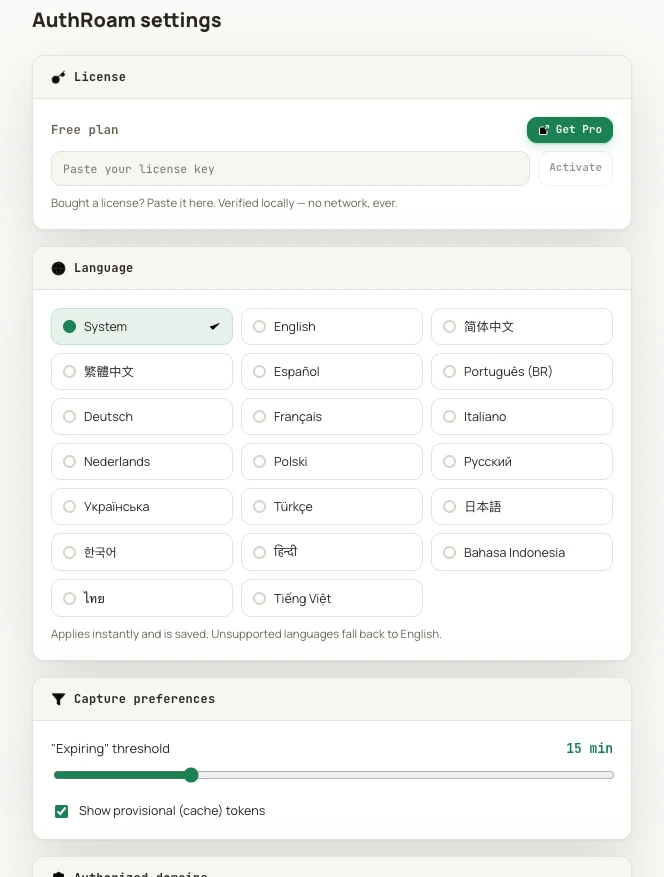 AuthRoam settings in Chrome: license activation verified locally, language choice and the expiring-token warning threshold